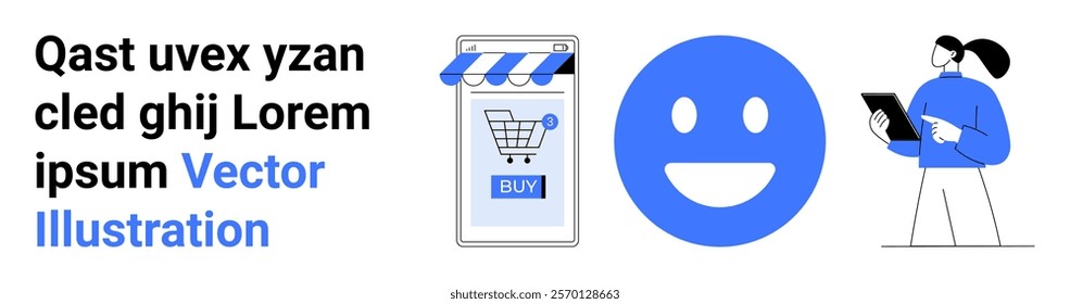 Mobile screen with shopping cart icon, large happy face, and a person holding a tablet. Ideal for e-commerce, customer satisfaction, digital communication, online shopping, user experience. Banner