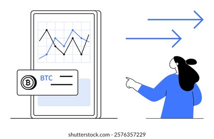 Mobile screen showing Bitcoin trading graph with a person pointing at upward arrows. Ideal for cryptocurrency, Bitcoin, trading, investment, financial growth. Minimalist, modern vector style