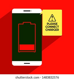 Mobile screen showing low battery alert. Asking to connect the charger.