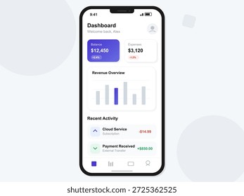 Una pantalla móvil muestra un panel financiero con el saldo, los gastos, la visión general de los ingresos y la actividad reciente. Este diseño hace hincapié en la simplicidad y la facilidad de uso en el seguimiento de las finanzas.