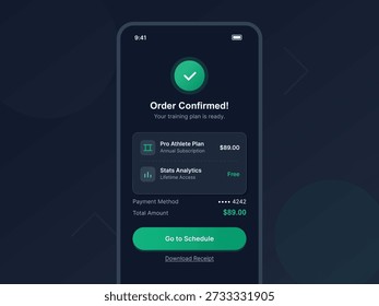 A mobile screen shows a message confirming an order for a training plan. The payment method and total amount are clearly stated. Options for scheduling and downloading a receipt are present.
