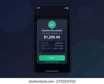 Uma tela de celular mostra uma mensagem confirmando o sucesso de uma transferência de pagamento de 1250 dólares. Inclui detalhes como número de referência e método de pagamento.