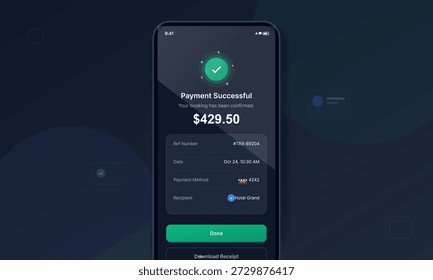 A mobile screen shows a payment confirmation for a booking. It displays the amount of 429.50, along with a reference number, date, payment method, and recipient details.