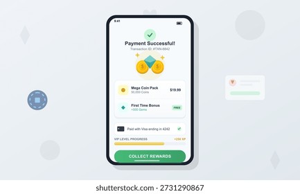 A mobile screen shows a payment confirmation for a Mega Coin Pack. The total amount is $19.99, and there is a first-time bonus displayed.