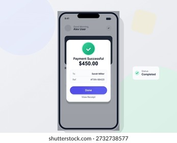 A mobile screen shows a payment confirmation for $450.00. Details include the recipient, reference number, status, and prompt to view the receipt.