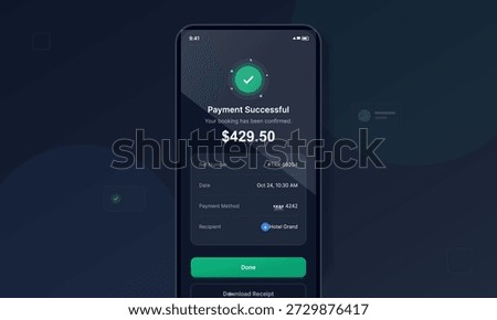 A mobile screen shows a payment confirmation for a booking. It displays the amount of 429.50, along with a reference number, date, payment method, and recipient details.