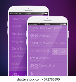 Mobile screen template with reminder and settings web interface design in purple color isolated vector illustration