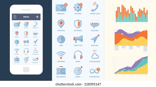 Mobile screen with ui icons, graphics, tables, charts, statistic. Messages, settings, phone calls, location, software, chat box, map, shout, megaphone, position, network, music, synchronize, cloud.