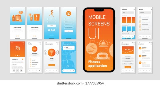 Mobile screens set with user interface of fitness application with username and password fields and training results isolated flat vector illustration