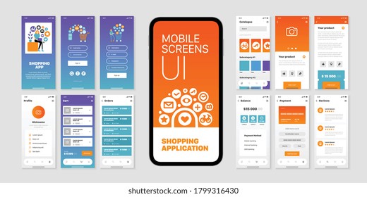 Mobile screens set with user interface of shopping application isolated flat vector illustration