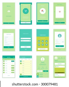 Mobile Screens User Interface Kit. Modern user interface UX, UI screen template for mobile smart phone or responsive web site. Welcome, onboarding, login, sign-up and home page layout.