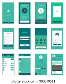 Mobile Screens User Interface Kit. Modern user interface UX, UI screen template for mobile smart phone or responsive web site. Welcome, onboarding, login, sign-up and home page layout.