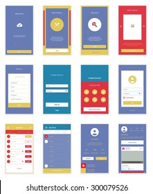 Mobile Screens User Interface Kit. Modern user interface UX, UI screen template for mobile smart phone or responsive web site. Welcome, onboarding, login, sign-up and home page layout.