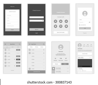 Mobile Screens User Interface Kit. Modern user interface UX, UI screen template for mobile smart phone or responsive web site. Welcome, on boarding, login, sign-up and home page layout.