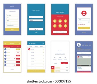 Mobile Screens User Interface Kit. Modern user interface UX, UI screen template for mobile smart phone or responsive web site. Welcome, onboarding, login, sign-up and home page layout.
