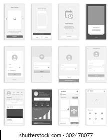 Mobile Screens User Interface Kit. Modern user interface UX, UI screen template for mobile smart phone or responsive web site. Welcome, on boarding, login, sign-up and home page layout. Vector.