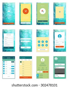 Mobile Screens User Interface Kit. Modern user interface UX, UI screen template for mobile smart phone or responsive web site. Welcome, on boarding, login, sign-up and home page layout. Vector.