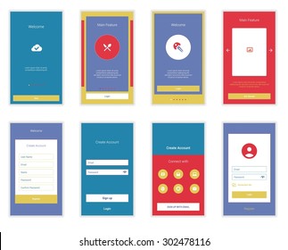 Mobile Screens User Interface Kit. Modern user interface UX, UI screen template for mobile smart phone or responsive web site. Welcome, on boarding, login, sign-up and home page layout. Vector.