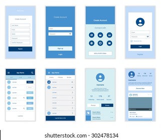 Mobile Screens User Interface Kit. Modern user interface UX, UI screen template for mobile smart phone or responsive web site. Welcome, on boarding, login, sign-up and home page layout. Vector.