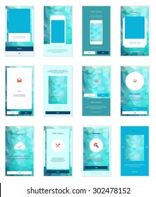 Mobile Screens User Interface Kit. Modern user interface UX, UI screen template for mobile smart phone or responsive web site. Welcome, on boarding, login, sign-up and home page layout. Vector.