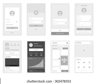 Mobile Screens User Interface Kit. Modern user interface UX, UI screen template for mobile smart phone or responsive web site. Welcome, on boarding, login, sign-up and home page layout.