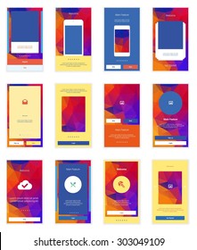 Mobile Screens User Interface Kit. Modern user interface UX, UI screen template for mobile smart phone or responsive web site. Welcome, on boarding, login, sign-up and home page layout.