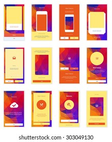 Mobile Screens User Interface Kit. Modern user interface UX, UI screen template for mobile smart phone or responsive web site. Welcome, on boarding, login, sign-up and home page layout.