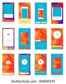 Mobile Screens User Interface Kit. Modern user interface UX, UI screen template for mobile smart phone or responsive web site. Welcome, on boarding, login, sign-up and home page layout.