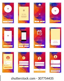 Mobile Screens User Interface Kit. Modern user interface UX, UI screen template for mobile smart phone or responsive web site. Welcome, onboarding, login, sign-up and home page layout.