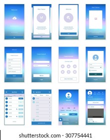 Mobile Screens User Interface Kit. Modern User Interface UX, UI Screen Template For Mobile Smart Phone Or Responsive Web Site. Welcome, Onboarding, Login, Sign-up And Home Page Layout.