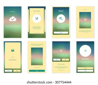 Mobile Screens User Interface Kit. Modern user interface UX, UI screen template for mobile smart phone or responsive web site. Welcome, onboarding, login, sign-up and home page layout.