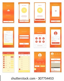Mobile Screens User Interface Kit. Modern User Interface UX, UI Screen Template For Mobile Smart Phone Or Responsive Web Site. Welcome, Onboarding, Login, Sign-up And Home Page Layout.