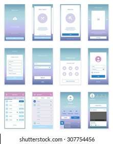 Mobile Screens User Interface Kit. Modern user interface UX, UI screen template for mobile smart phone or responsive web site. Welcome, onboarding, login, sign-up and home page layout.