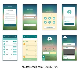 Mobile Screens User Interface Kit. Modern user interface UX, UI screen template for mobile smart phone or responsive web site. Welcome, onboarding, login, sign-up and home page layout.