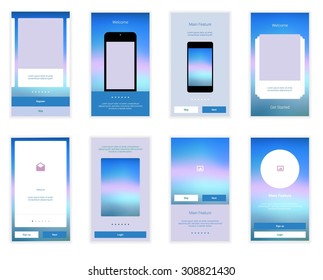 Mobile Screens User Interface Kit. Modern user interface UX, UI screen template for mobile smart phone or responsive web site. Welcome, onboarding, login, sign-up and home page layout.