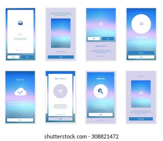 Mobile Screens User Interface Kit. Modern user interface UX, UI screen template for mobile smart phone or responsive web site. Welcome, onboarding, login, sign-up and home page layout.