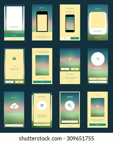Mobile Screens User Interface Kit. Modern user interface UX, UI screen template for mobile smart phone or responsive web site. Welcome, onboarding, login, sign-up and home page layout.