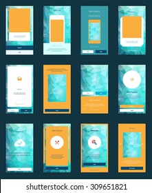 Mobile Screens User Interface Kit. Modern user interface UX, UI screen template for mobile smart phone or responsive web site. Welcome, onboarding, login, sign-up and home page layout.