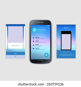 Mobile Screens User Interface Kit. Modern user interface UX, UI screen template for mobile smart phone or responsive web site. Welcome, onboarding, login, sign-up and home page layout.
