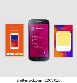 Mobile Screens User Interface Kit. Modern user interface UX, UI screen template for mobile smart phone or responsive web site. Welcome, onboarding, login, sign-up and home page layout.