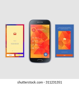 Mobile Screens User Interface Kit. Modern user interface UX, UI screen template for mobile smart phone or responsive web site. Welcome, onboarding, login, sign-up and home page layout.