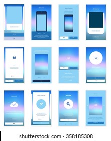 Mobile Screens User Interface Kit. Modern user interface UX, UI screen template for mobile smart phone or responsive web site. Welcome, on boarding, login, sign-up and home page layout