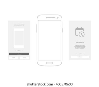Mobile Screens User Interface Kit. UX, UI template for smart phone or responsive web site. Welcome, onboarding, login, sign-up and home page layout.