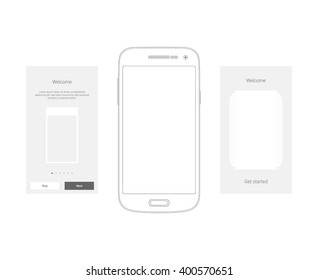 Mobile Screens User Interface Kit. UX, UI template for smart phone or responsive web site. Welcome, onboarding, login, sign-up and home page layout.