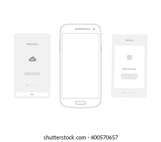 Mobile Screens User Interface Kit. UX, UI template for smart phone or responsive web site. Welcome, onboarding, login, sign-up and home page layout.