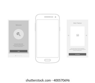 Mobile Screens User Interface Kit. UX, UI template for smart phone or responsive web site. Welcome, onboarding, login, sign-up and home page layout.