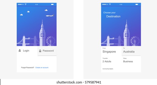 Mobile Screens User Interface Kit. Moderne Benutzeroberfläche UX, UI-Screen-Vorlage für Handy oder reaktionsfähige Website. Willkommen, beim Boarding, beim Login, beim Anmelden und beim Layout der Homepage. Vektorgrafik.