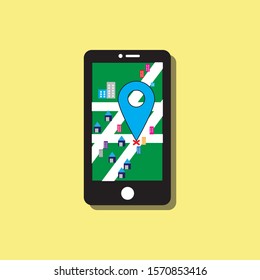 Mobile screenshots, center with navigation markers, gps, for traveling to unknown spots.vector cartoon flat.