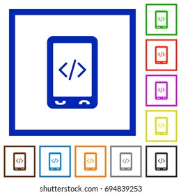 Mobile scripting flat color icons in square frames on white background