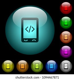 Mobile scripting icons in color illuminated spherical glass buttons on black background. Can be used to black or dark templates